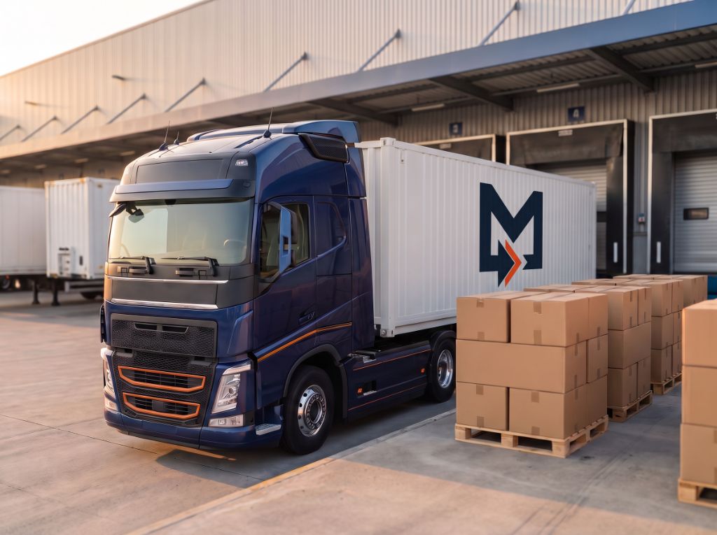 Camión Mautransport con remolque en muelle de carga