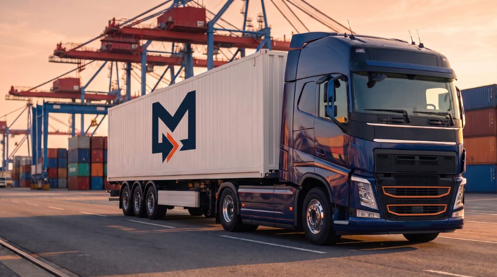 Camión Mautransport en carretera en una terminal portuaria